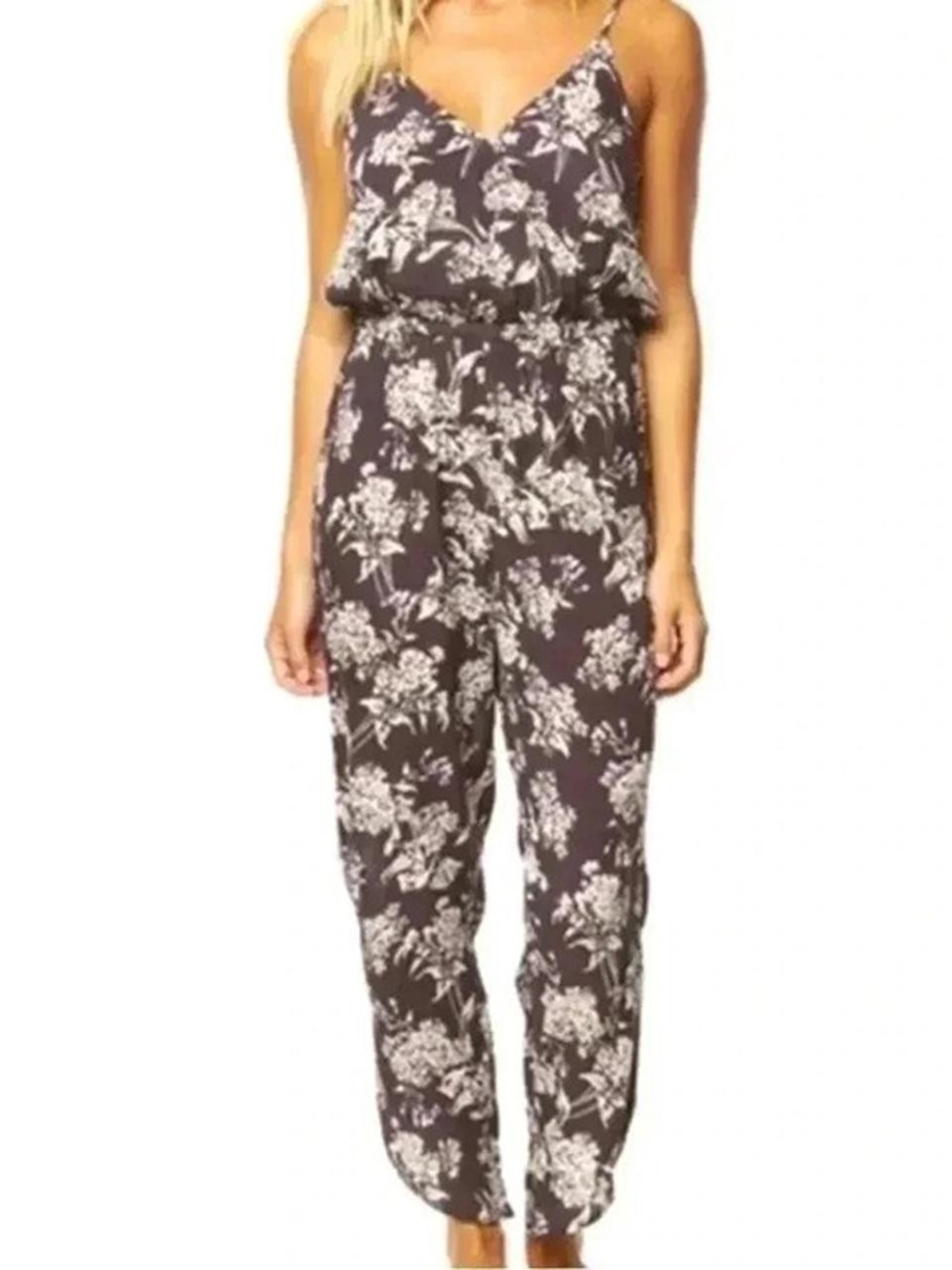 O'Neill Black and White Floral Spaghetti-Strap Jumpsuit